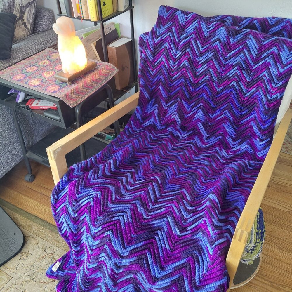 Vintage Handmade Crochet Chevron Blanket Throw Teal Purple Afghan 78x53